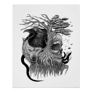 Wolf und Raven mit Skull Poster