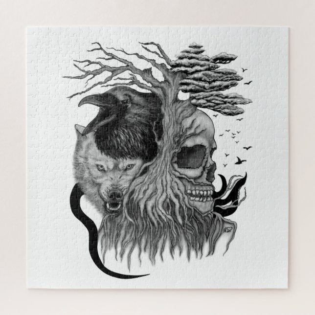 Wolf und Raven mit Skull Puzzle (Vertikal)