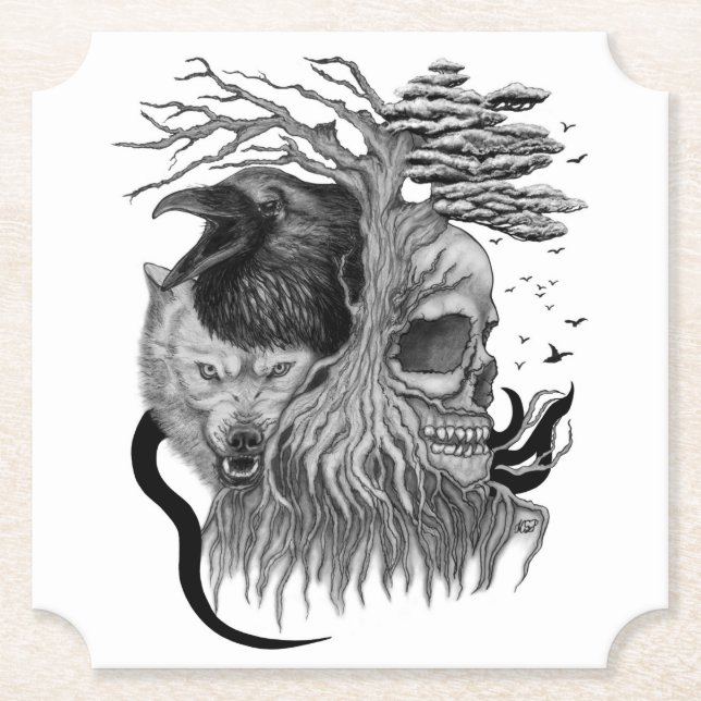 Wolf und Raven mit Skull Untersetzer (Vorderseite)