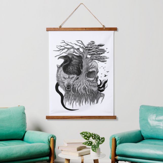 Wolf und Raven mit Skull Wandteppich Mit Holzrahmen (Wohnzimmer)