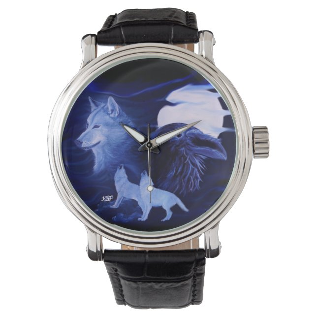 Wolf und Raven mit Vollmond Armbanduhr (Vorderseite)