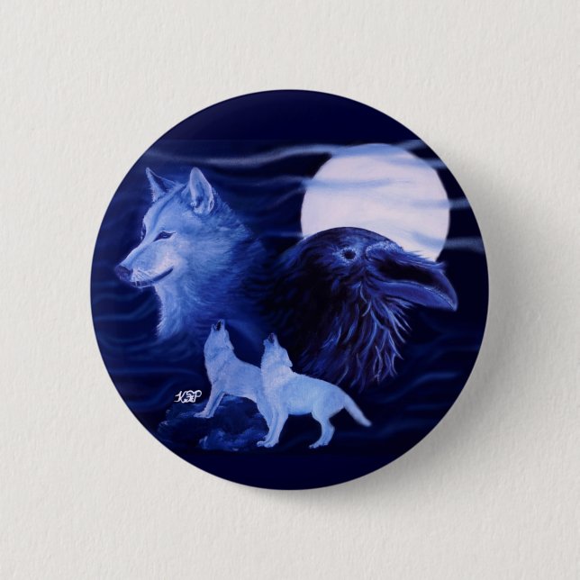 Wolf und Raven mit Vollmond Button (Vorderseite)