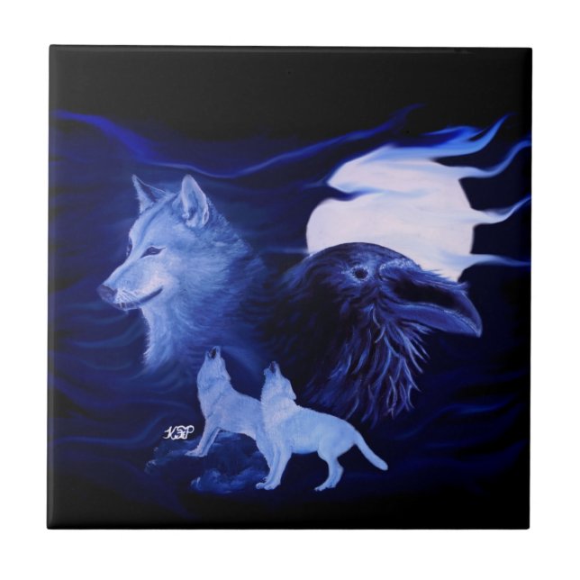 Wolf und Raven mit Vollmond Fliese (Vorderseite)
