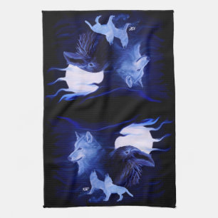 Wolf und Raven mit Vollmond Geschirrtuch