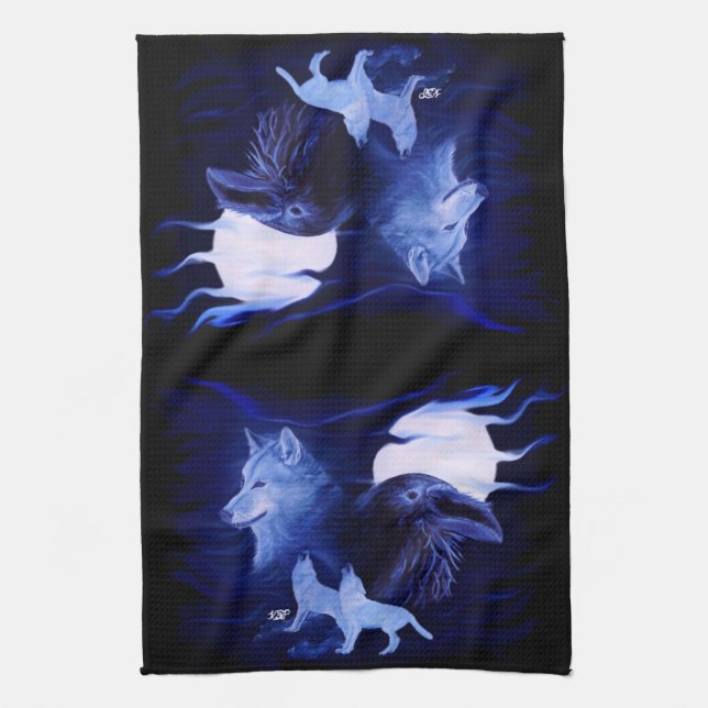 Wolf und Raven mit Vollmond Geschirrtuch (Vertikal)