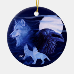 Wolf und Raven mit Vollmond Keramik Ornament