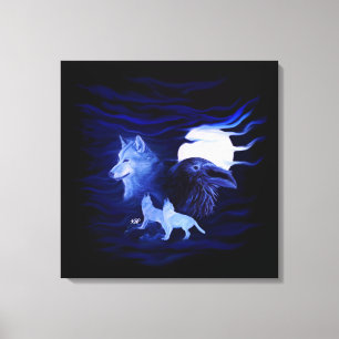 Wolf und Raven mit Vollmond Leinwanddruck