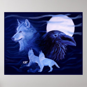 Wolf und Raven mit Vollmond Poster