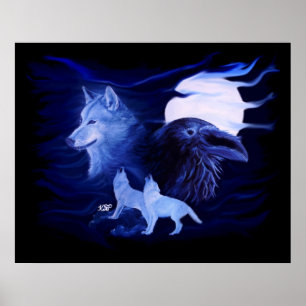 Wolf und Raven mit Vollmond Poster