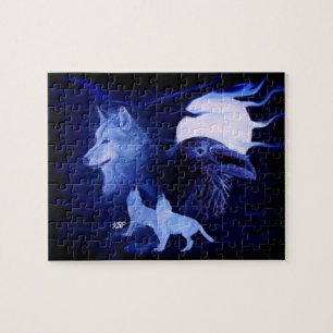 Wolf und Raven mit Vollmond Puzzle