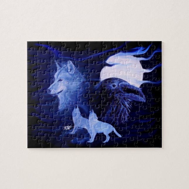 Wolf und Raven mit Vollmond Puzzle (Horizontal)