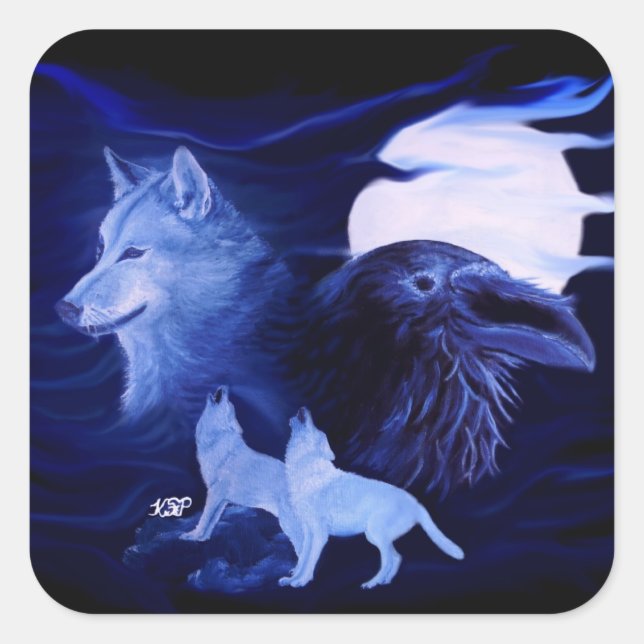 Wolf und Raven mit Vollmond Quadratischer Aufkleber (Vorderseite)