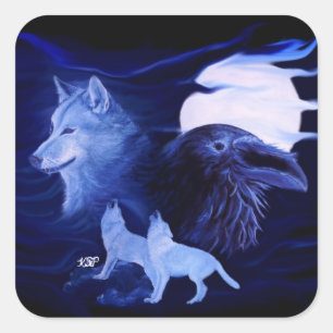 Wolf und Raven mit Vollmond Quadratischer Aufkleber