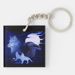 Wolf und Raven mit Vollmond Schlüsselanhänger