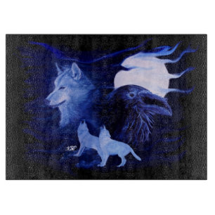 Wolf und Raven mit Vollmond Schneidebrett