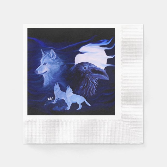Wolf und Raven mit Vollmond Serviette (Vorderseite)