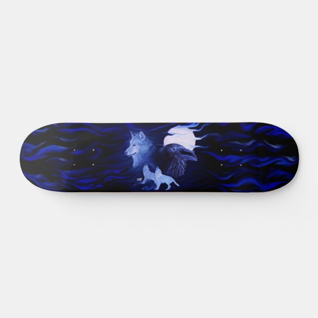 Wolf und Raven mit Vollmond Skateboard (Horizontal)