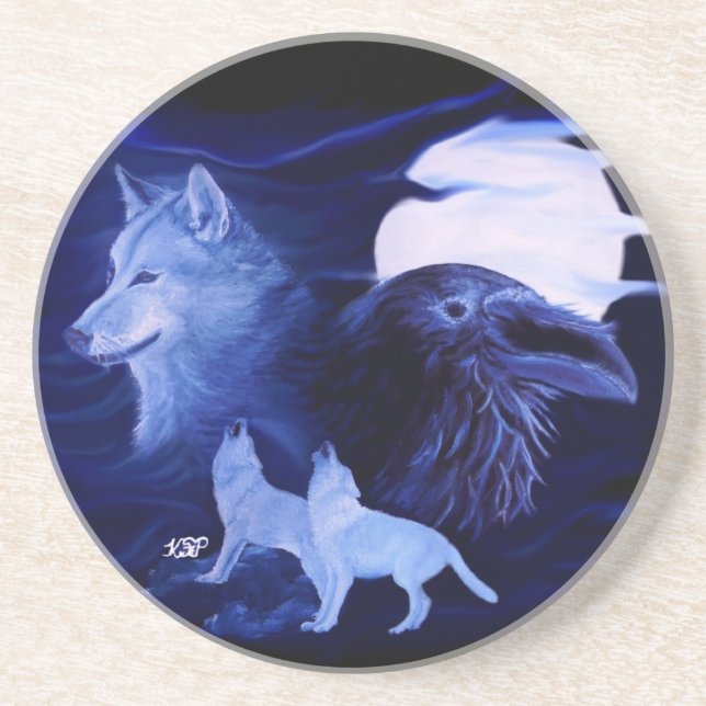 Wolf und Raven mit Vollmond Untersetzer (Vorne)