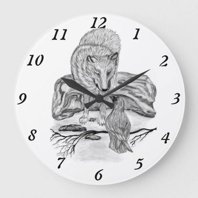 Wolf und Raven Schwarzweiß-Design Große Wanduhr (Vorderseite)