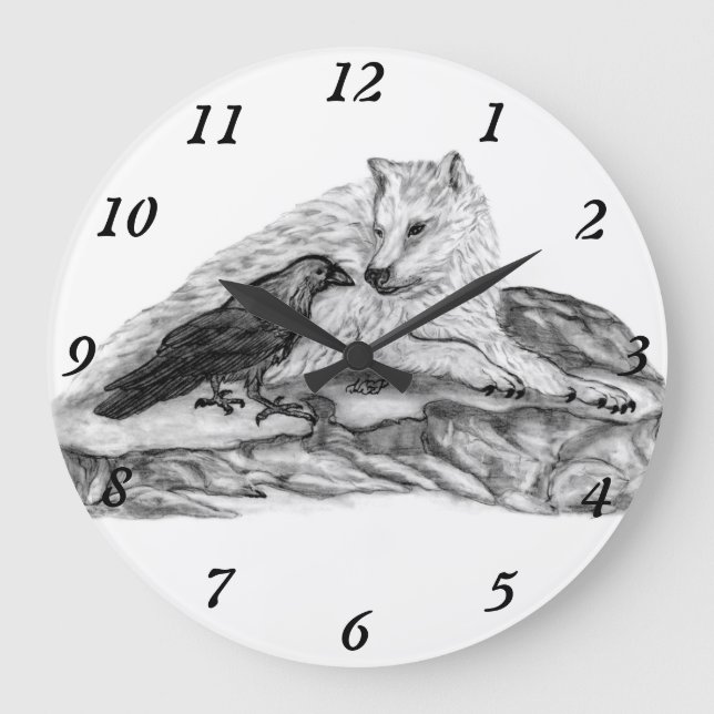 Wolf und Raven Schwarzweiß-Design Große Wanduhr (Vorderseite)