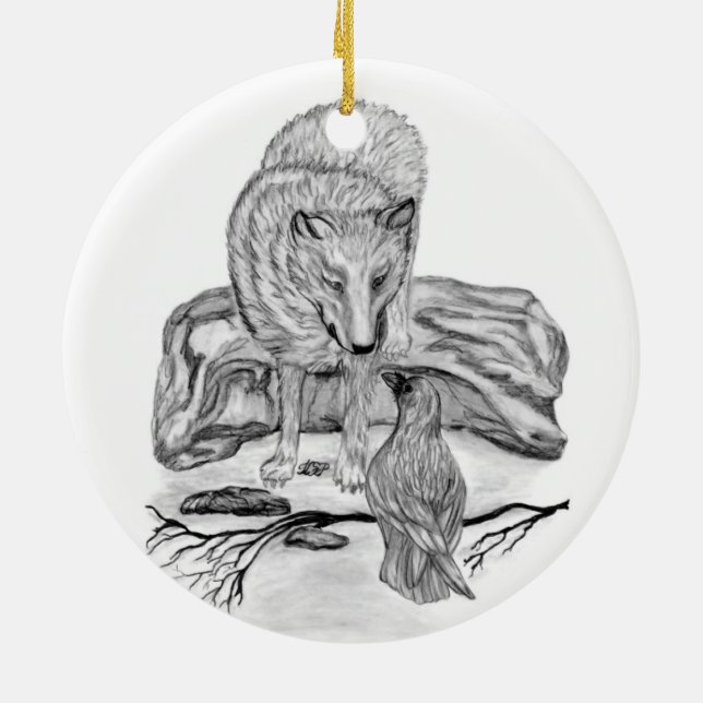 Wolf und Raven Schwarzweiß-Design Keramik Ornament (Hinten)