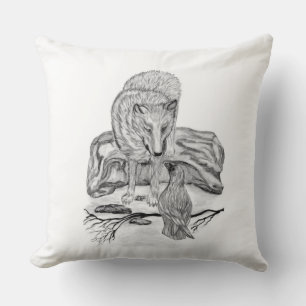 Wolf und Raven Schwarzweiß-Design Kissen