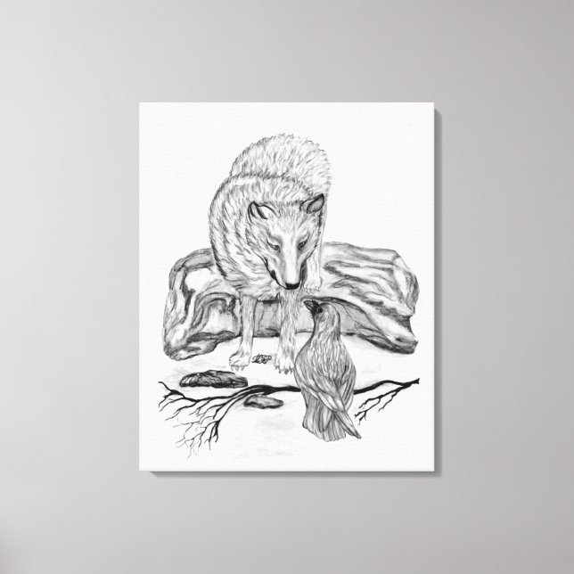 Wolf und Raven Schwarzweiß-Design Leinwanddruck (Vorderseite)