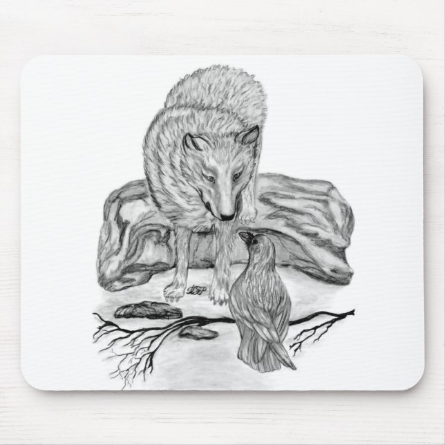 Wolf und Raven Schwarzweiß-Design Mousepad (Vorne)