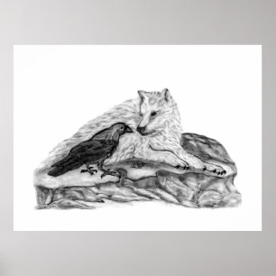 Wolf und Raven Schwarzweiß-Design Poster