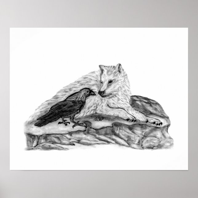 Wolf und Raven Schwarzweiß-Design Poster (Vorne)