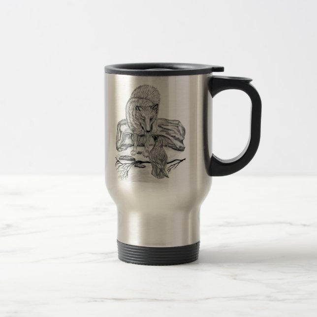 Wolf und Raven Schwarzweiß-Design Reisebecher (Rechts)