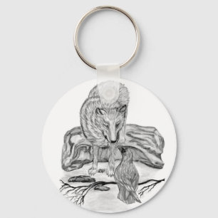 Wolf und Raven Schwarzweiß-Design Schlüsselanhänger