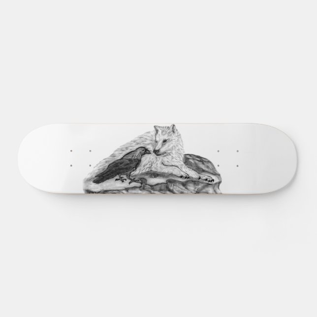 Wolf und Raven Schwarzweiß-Design Skateboard (Horizontal)