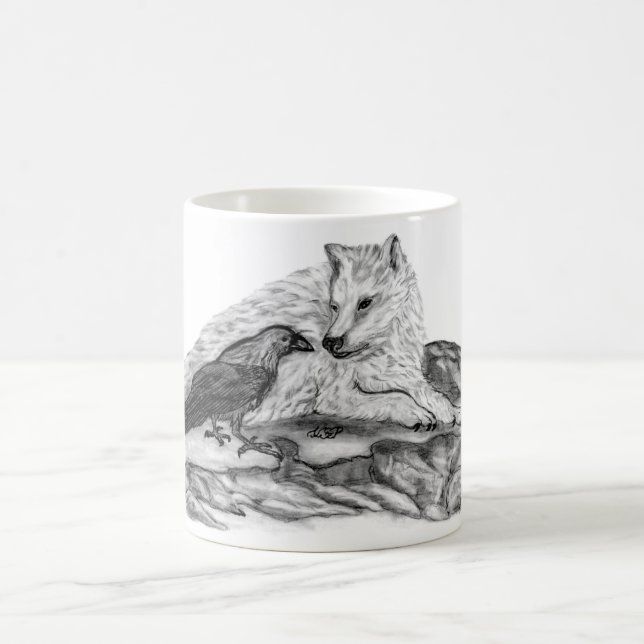 Wolf und Raven Schwarzweiß-Design Tasse (Mittel)