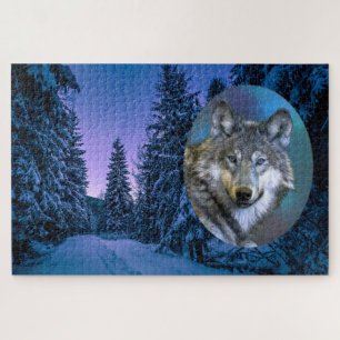 Wolf und schneebedeckter Winterwald unter den Ster Puzzle