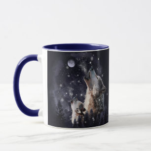 Wolf und Welpen heulen auf dem Mond Tasse