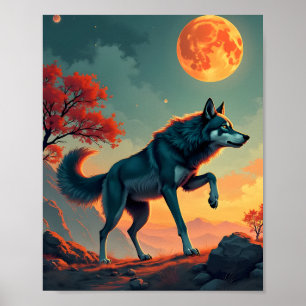Wolf unter einem Blutmond Poster
