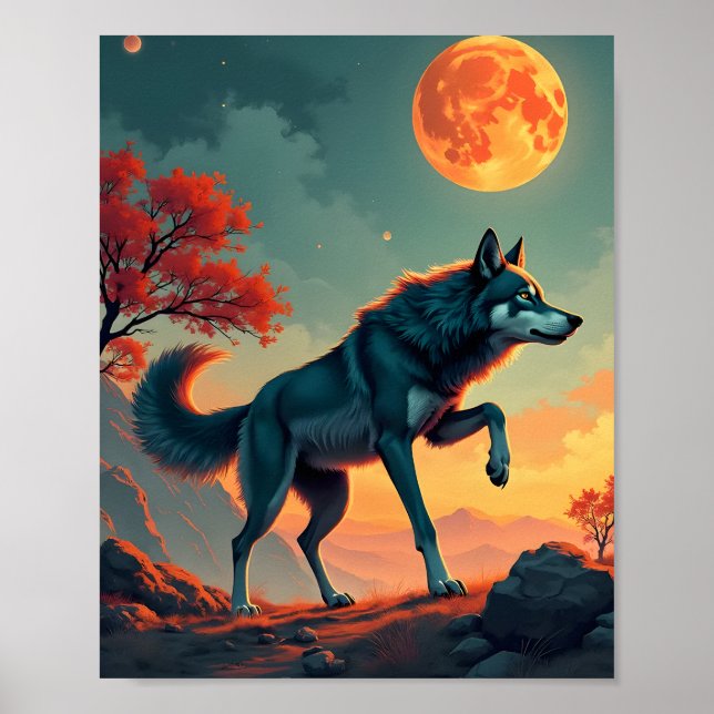 Wolf unter einem Blutmond Poster (Vorne)