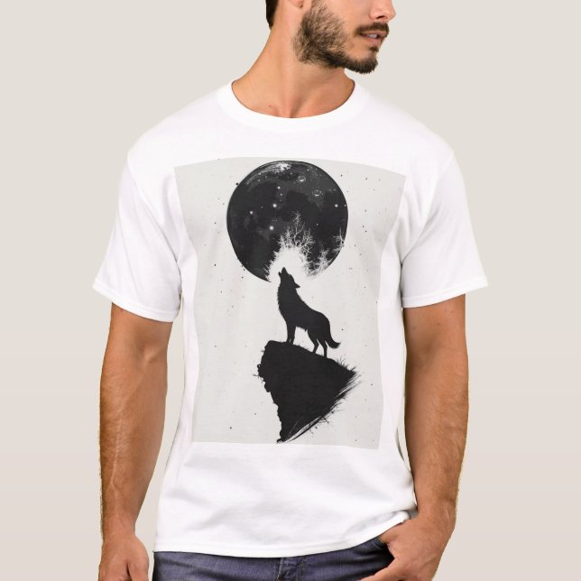 Wolf unter Vollmond - Minimalistischer T - Shirt (Vorderseite)