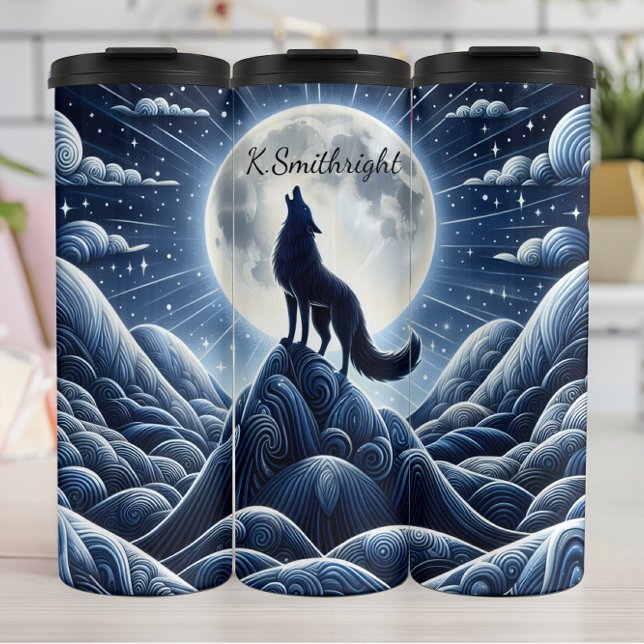 Wolf unter Vollmond Thermosbecher (Von Creator hochgeladen)
