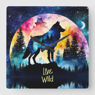 Wolf Vollmond-Aquarellbäume Quadratische Wanduhr