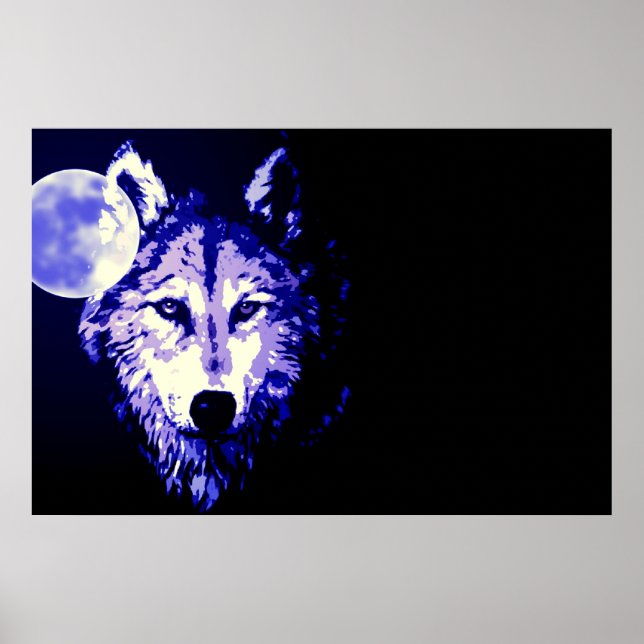Wolf Vollmond Blau Schwarz Poster (Vorne)