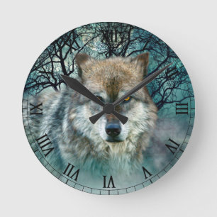 Wolf-Vollmond im Nebel Runde Wanduhr