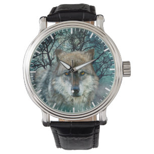 Wolf Vollmond in Nebel Armbanduhr