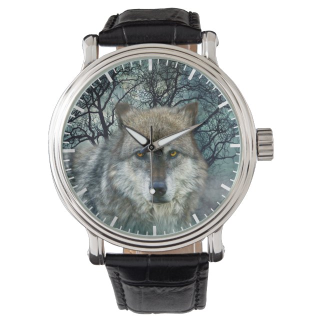 Wolf Vollmond in Nebel Armbanduhr (Vorderseite)