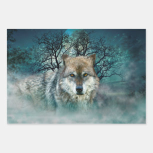 Wolf Vollmond in Nebel Geschenkpapier Set