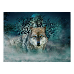 Wolf Vollmond in Nebel Poster