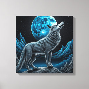 Wolf vor dem Vollmond Stehend   AI Art Leinwanddruck