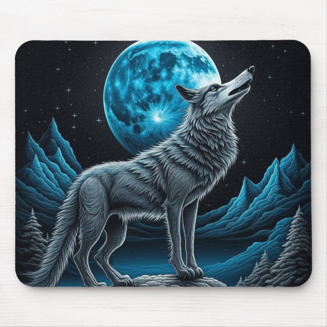 Wolf vor dem Vollmond Stehend | AI Art Mousepad (Vorne)