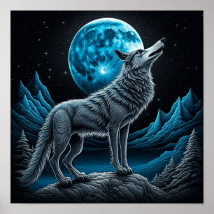 Wolf vor dem Vollmond Stehend   AI Art Poster
